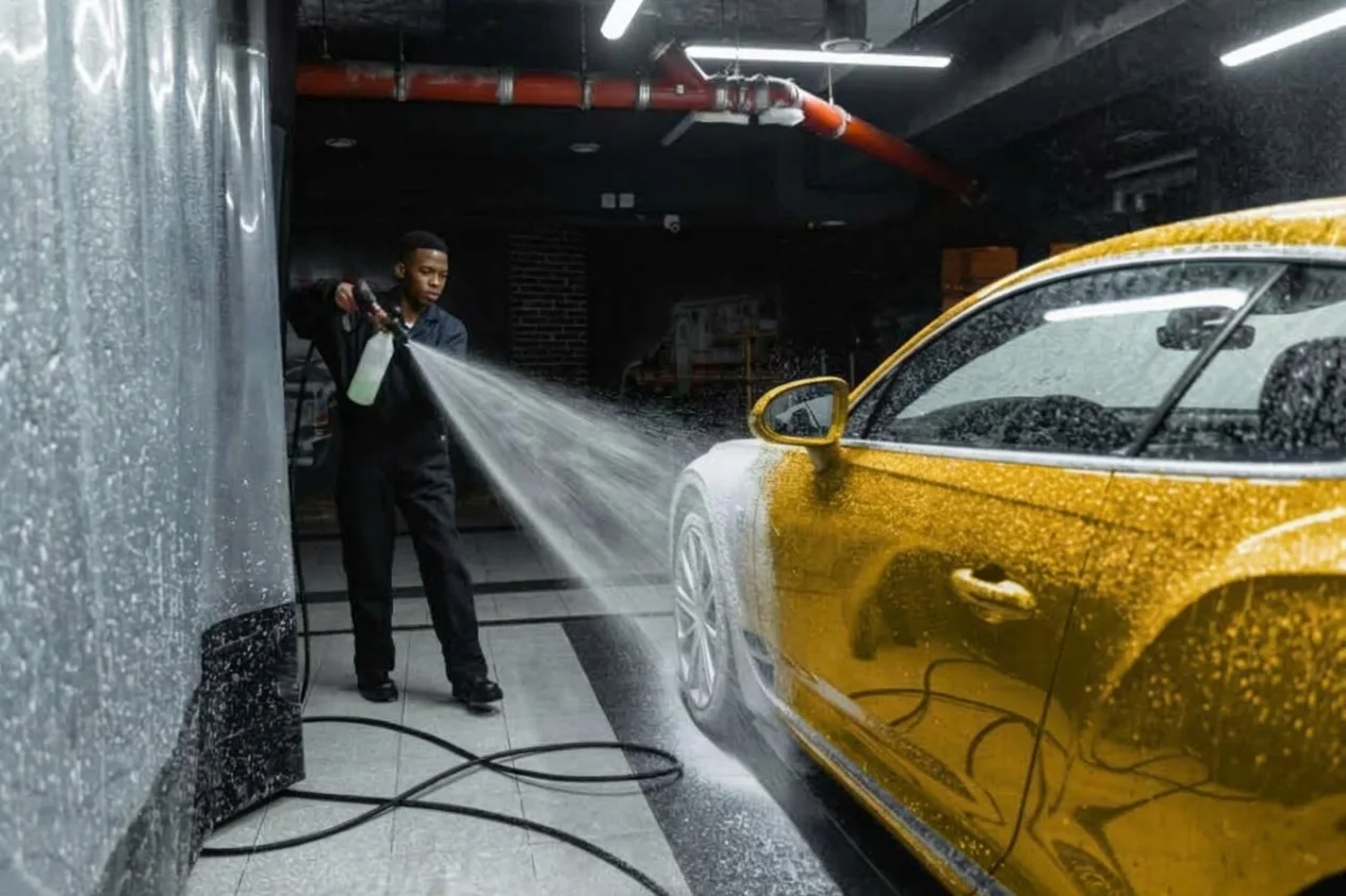 A detailer spraying a yellow car in the wash bay